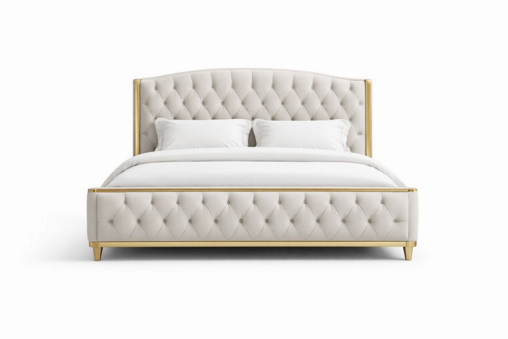 Letto matrimoniale in tessuto crema struttura legno massello dorato 200x160x120 cm
