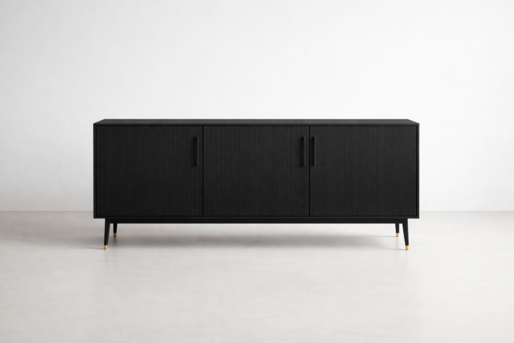 Credenza in MDF nero con 3 ante e dettagli dorati