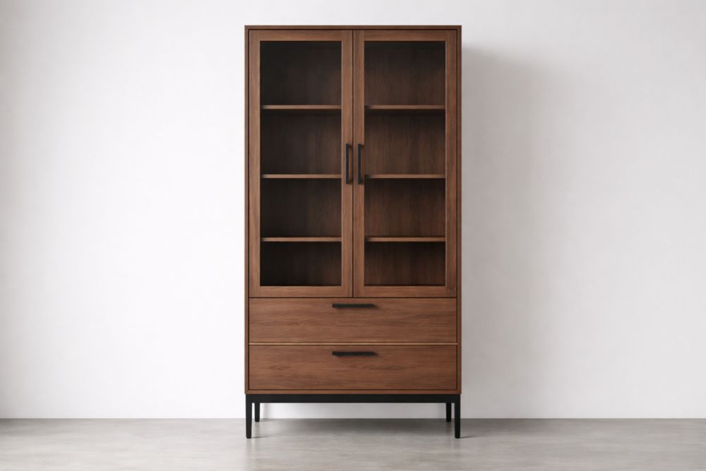 Vetrina in Legno di noce Marrone con Ante in Vetro e Cassetti