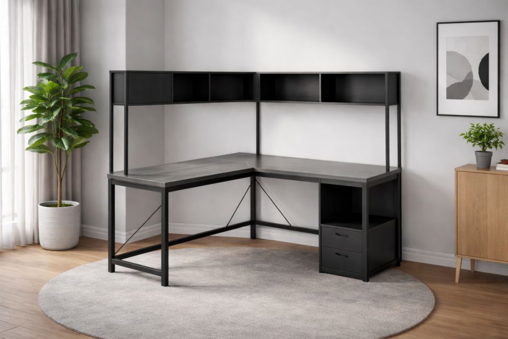 Scrivania ad Angolo con Ripiani in MDF e Alluminio Nero