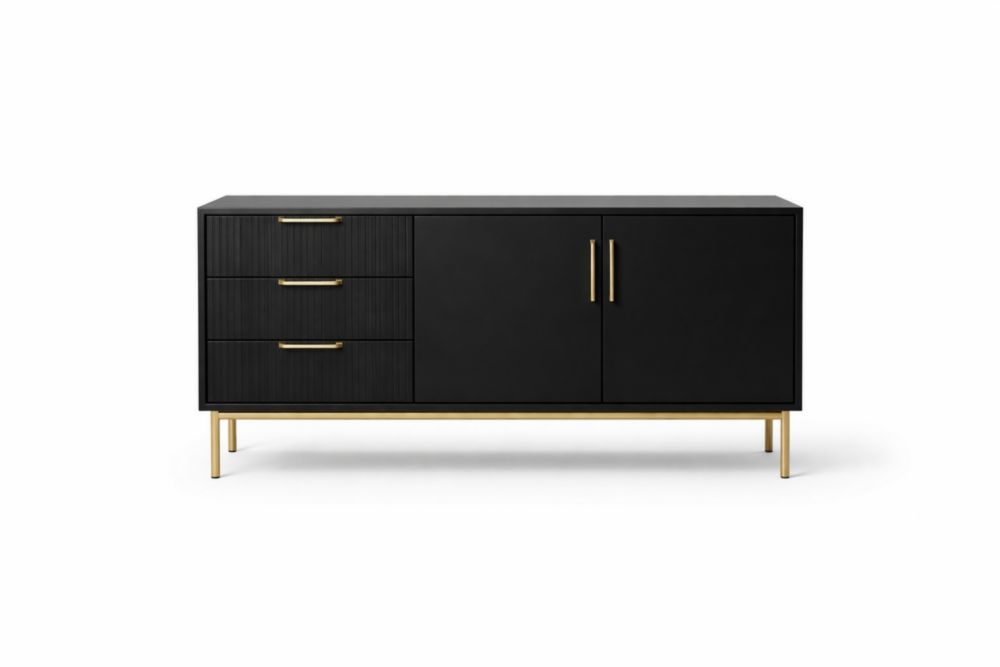 Credenza Nero in MDF e Alluminio con Gambe Dorate