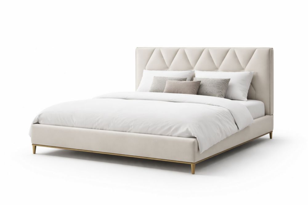 Letto in Tessuto Beige con Testiera Trapuntata e Gambe in Alluminio 200x160x100 cm