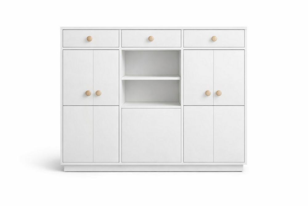 Credenza in MDF Bianco con Cassetti, Ripiani e Ante