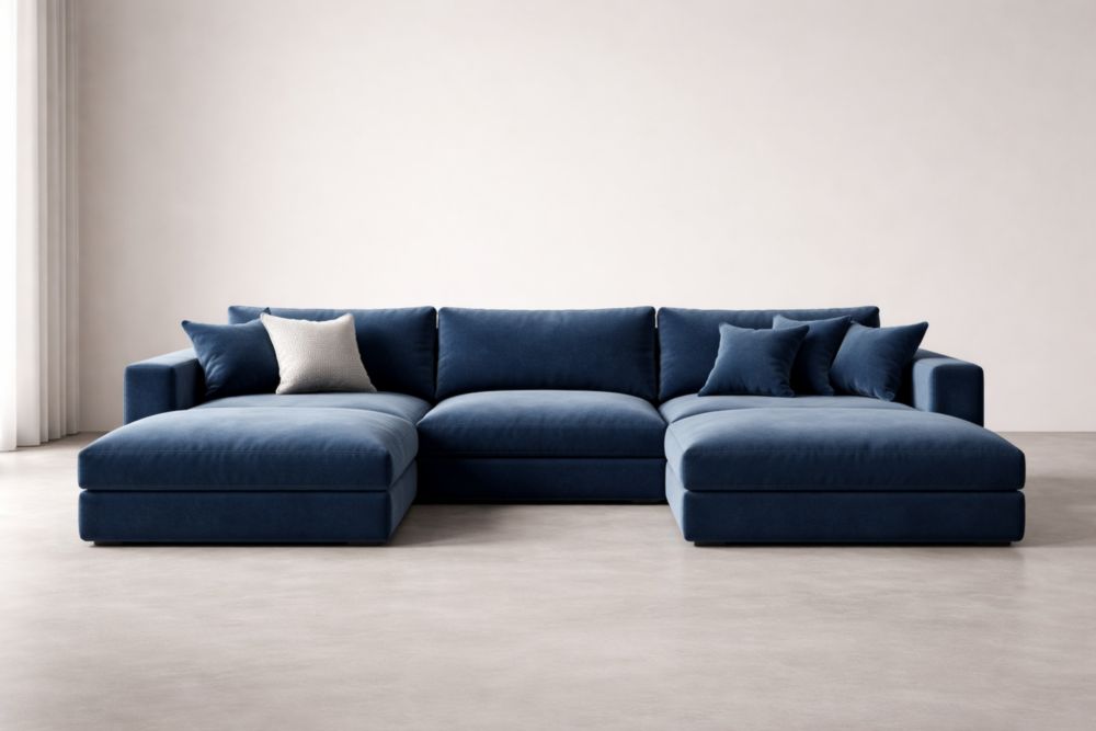 Divano componibile in tessuto blu con chaise longue e cuscini