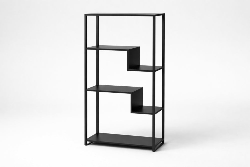 Scaffale in acciaio nero con ripiani asimmetrici