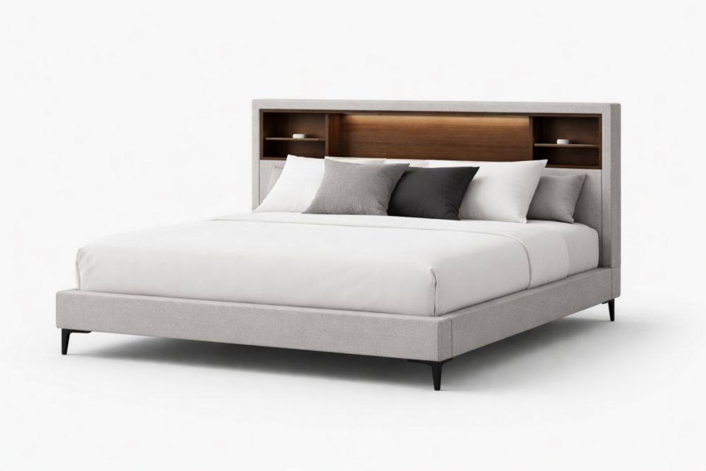 Letto matrimoniale in tessuto grigio con testiera libreria integrata, 200x150 cm