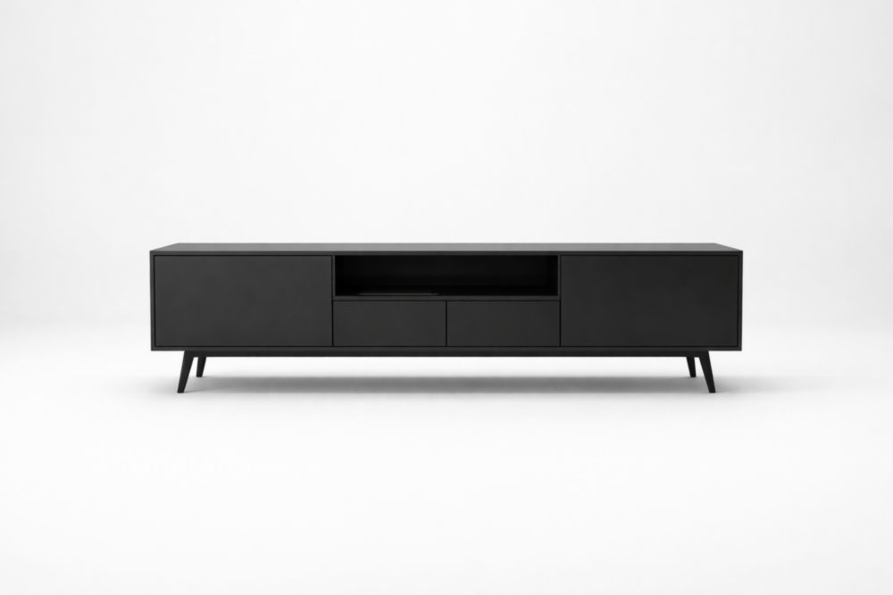 Mobile TV in MDF nero con gambe in alluminio