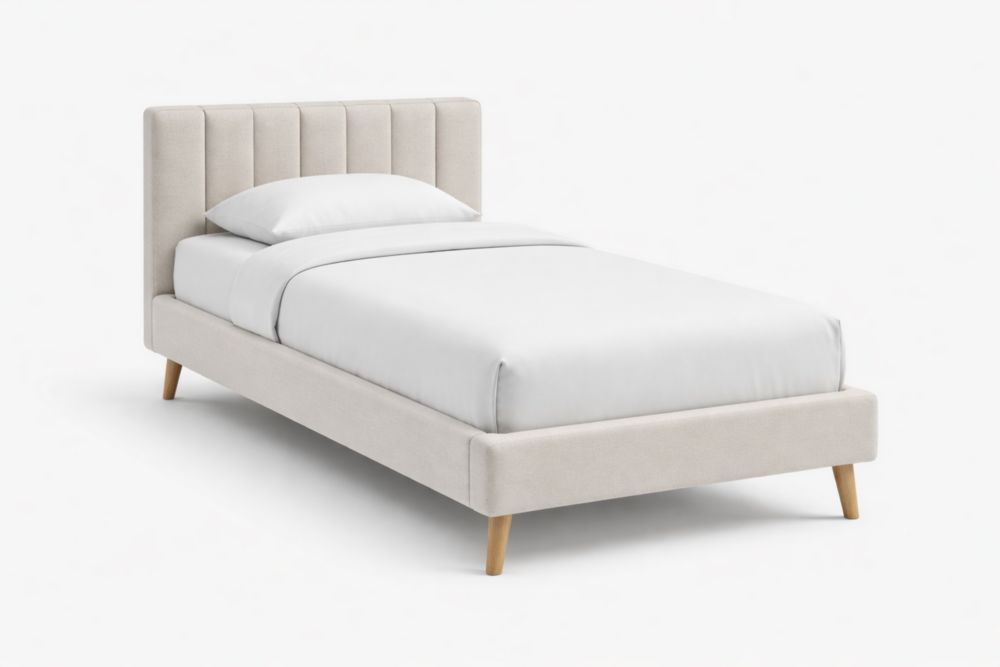 Letto singolo rivestimento in poliestere Bianco con gambe in legno di faggio 200x100x90 cm