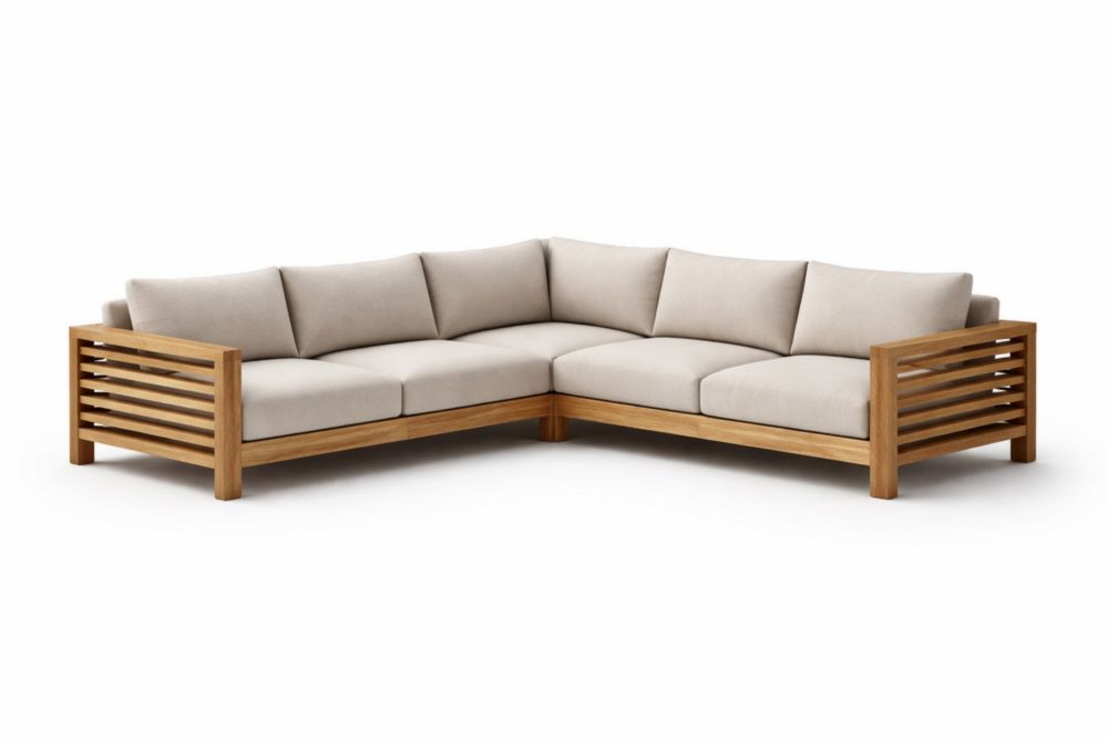 Divano angolare in legno massello e tessuto beige 210x210x80 cm