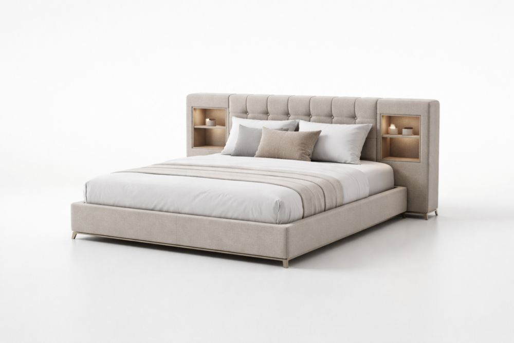 Letto matrimoniale imbottito in tessuto con testiera ripiani integrati