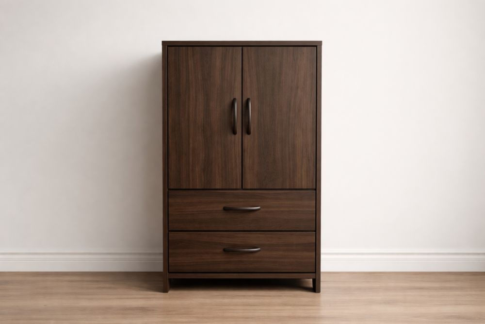 Armadio in Legno Massello con Due Ante e Due Cassetti Marrone