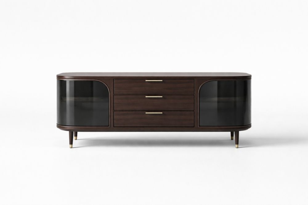 Credenza in Legno Massello e Vetro Curvo Marrone con Tre Cassetti