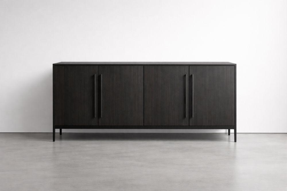 Credenza in Legno Massello e Alluminio Nero con Quattro Porte