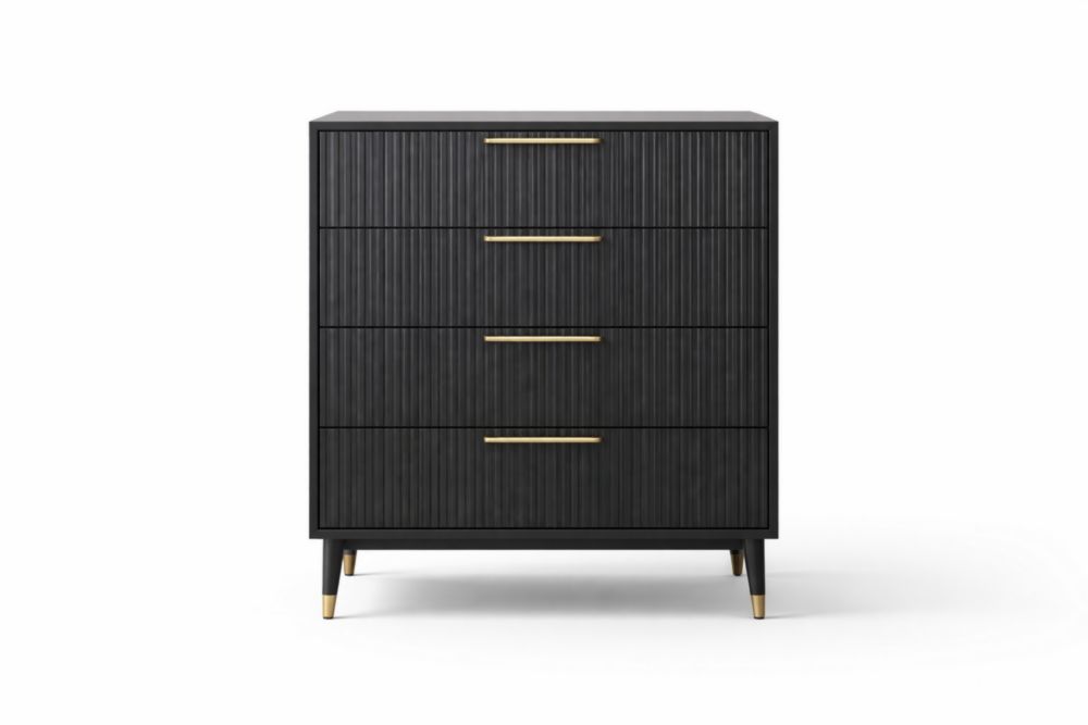 Cassettiera in MDF a 4 Cassetti Nero con Maniglie in Alluminio Dorato 80x40x120cm