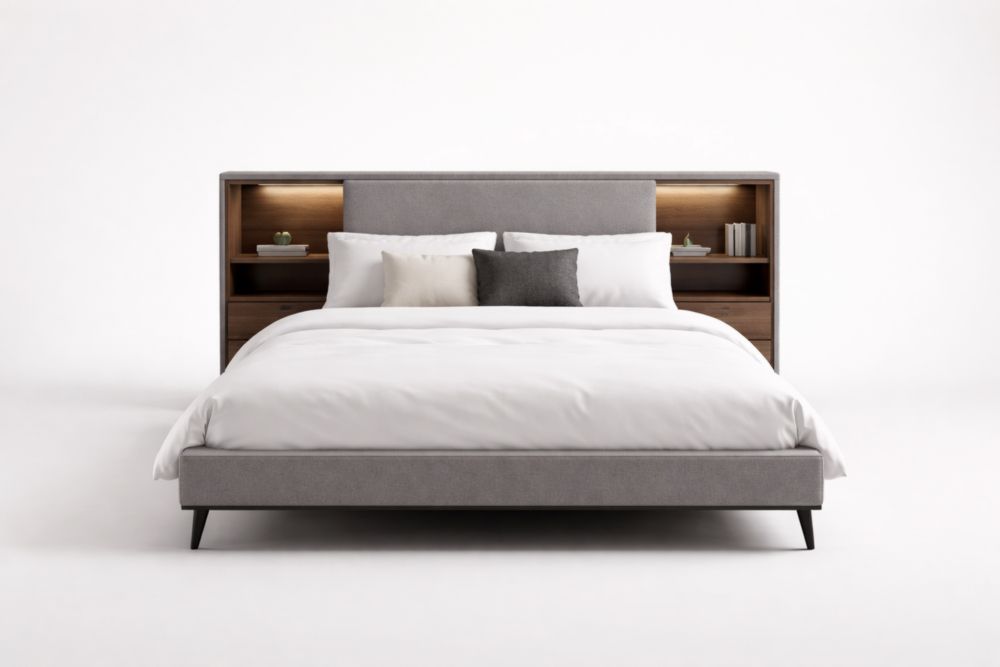 Letto matrimoniale in tessuto grigio con testiera in legno massello e ripiani illuminati 160x200 cm