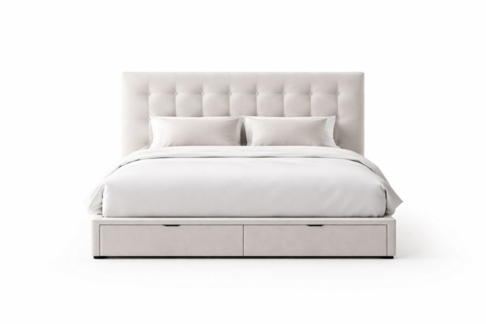 Letto matrimoniale imbottito con testiera in tessuto beige con due cassetti