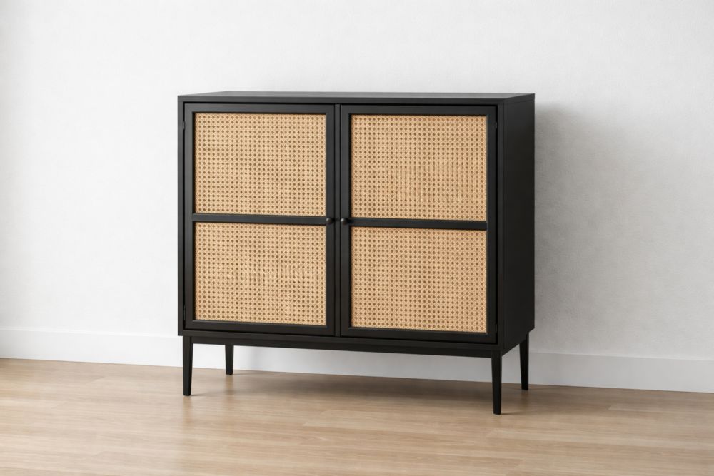 Credenza in Legno Massello e Rattan Nero Naturale 85x90x40cm