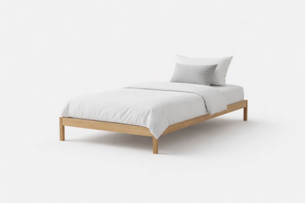 Letto Singolo in Legno di Quercia Bianco con Biancheria in Cotone