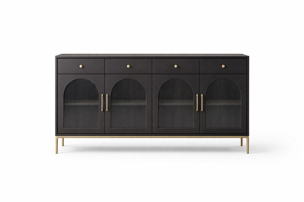 Credenza in Legno Ingegnerizzato con Vetro Temperato e Alluminio Nero