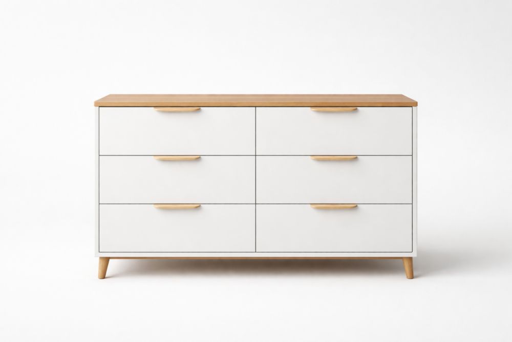 Cassettiera in MDF Bianco e Rovere a 6 Cassetti