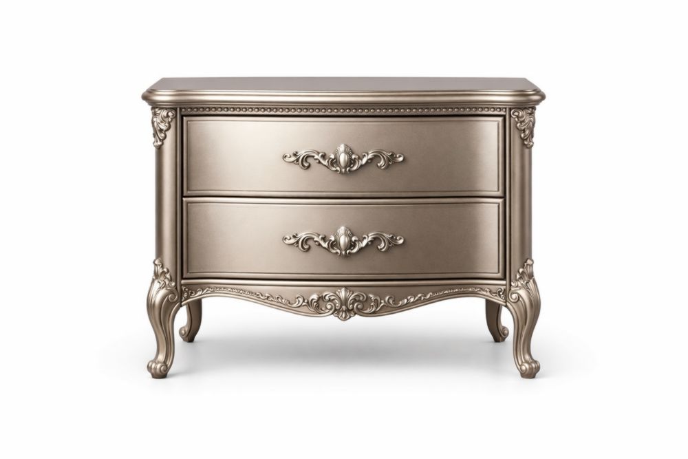 Comodino in legno massello intagliato con 2 cassetti color Argento 70x45x75 cm