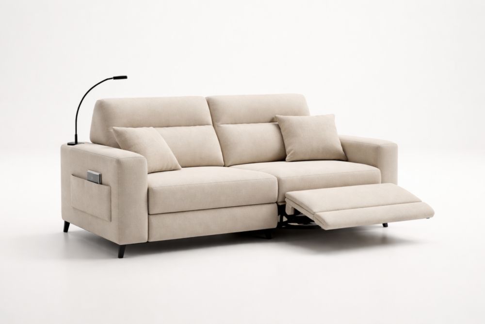 Divano 2 posti in tessuto beige con poggiapiedi, luce e tasca laterale