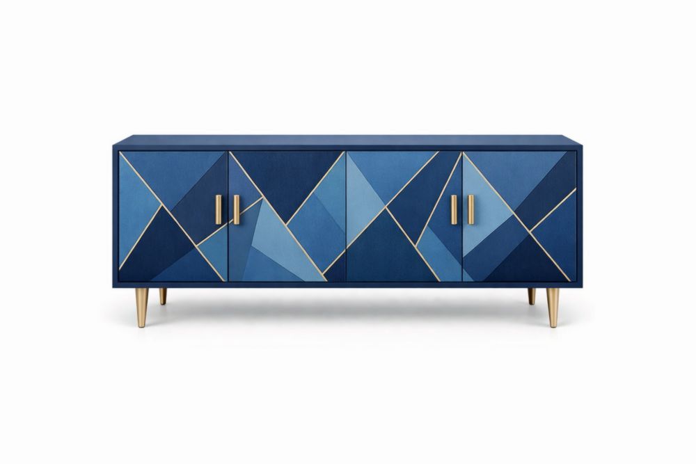Credenza in MDF con motivo geometrico blu 180x45x75cm(Lu x L x H)