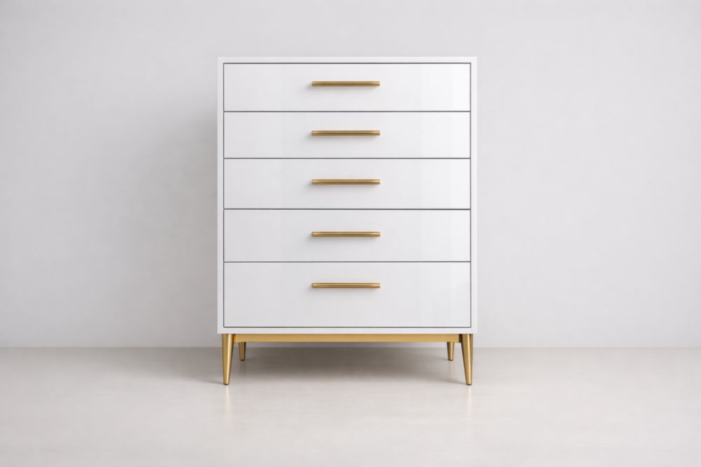 Cassettiera in MDF con rifiniture in ottone, 5 cassetti