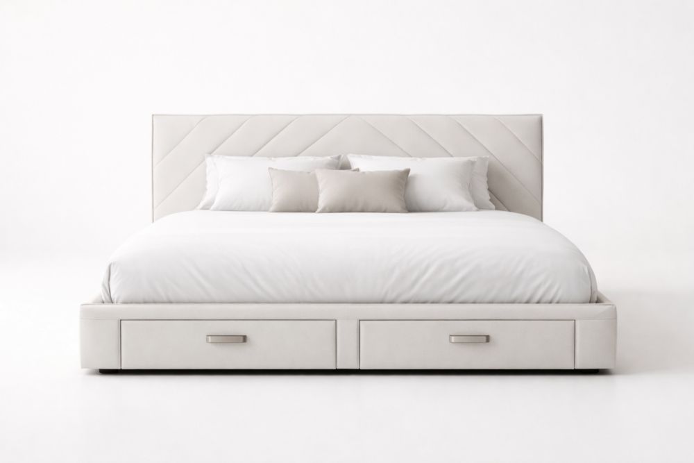 Letto matrimoniale con contenitore in legno massello e ecopelle bianca