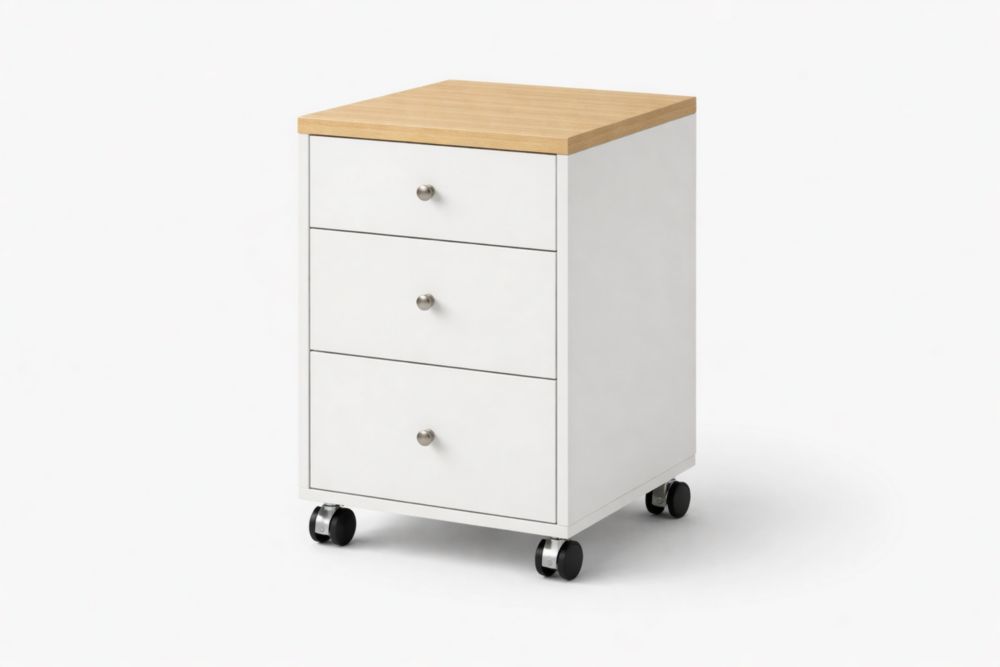Cassettiera per ufficio su rotelle in MDF bianco con tre cassetti
