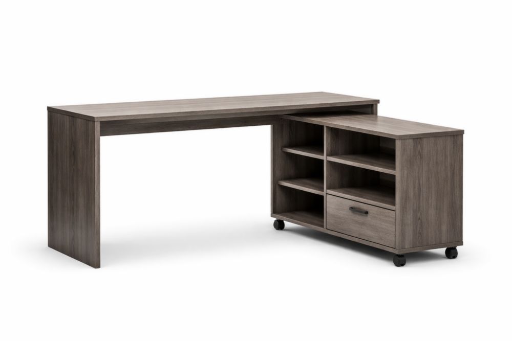 Scrivania angolare con scaffali e cassetto in legno MDF rovere