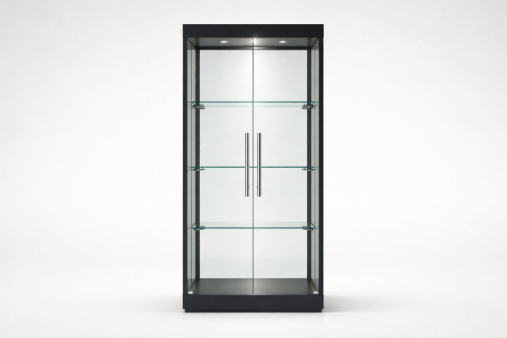 Vetrina in vetro e acciaio nero con LED