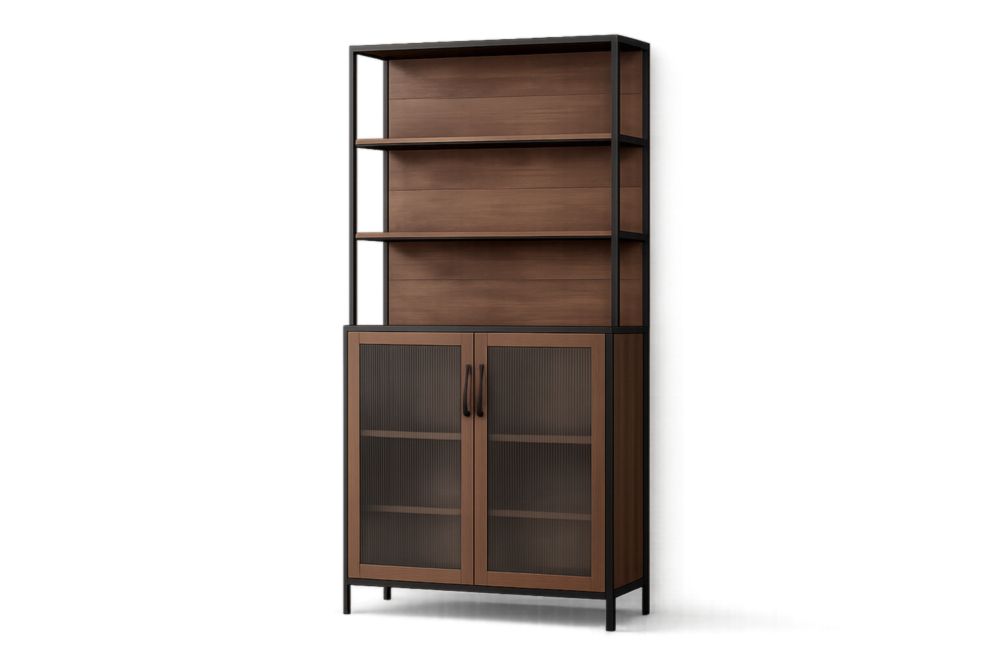 Vetrina con ante in vetro temperato e ripiani in legno truciolare marrone e nero