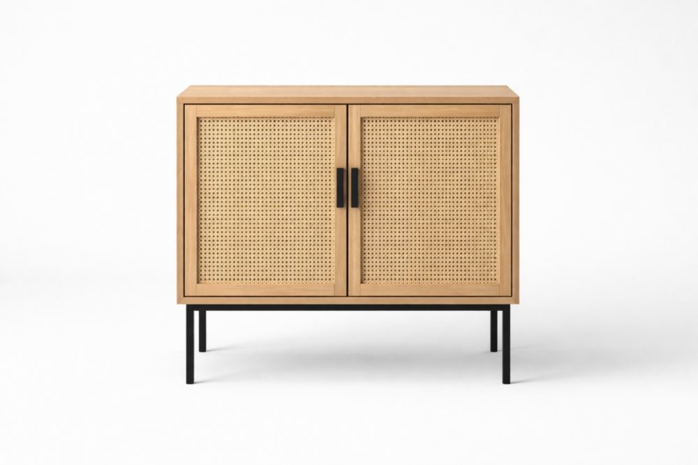 Credenza in legno di quercia e rattan con struttura in acciaio