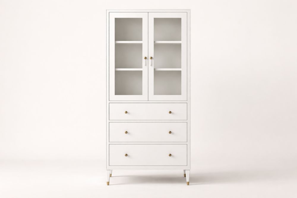 Mobile contenitore in Legno massello Bianco con Ante in Vetro e Cassetti