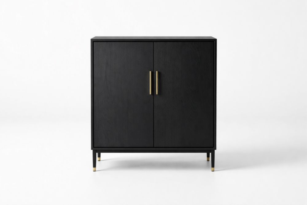 Credenza in legno massello di quercia nero con ante e dettagli in acciaio