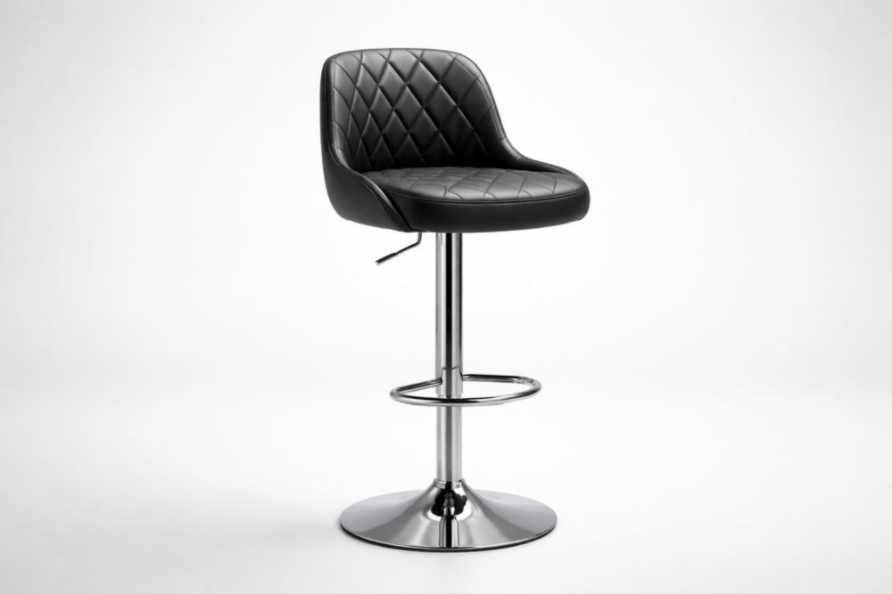 Sgabello regolabile in similpelle nera con struttura in acciaio