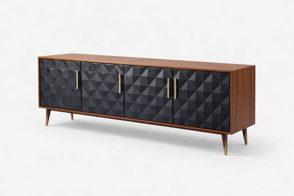 Credenza in legno di quercia con ante intagliate geometriche nere