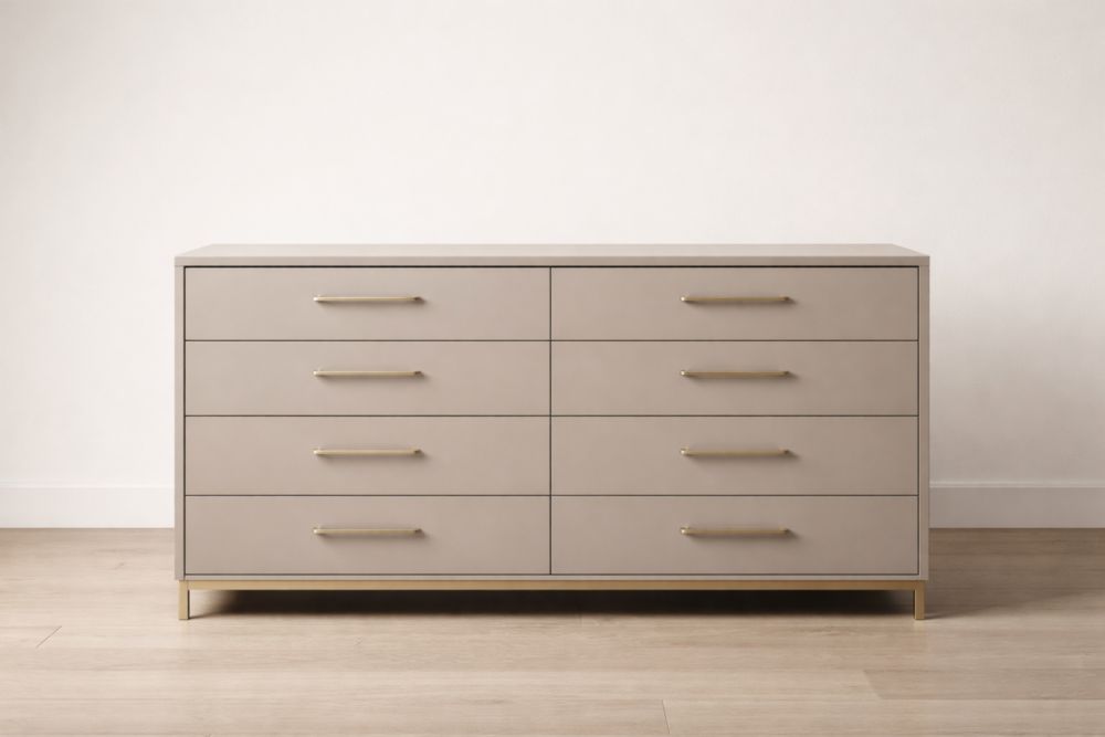 Cassettiera in MDF color taupe con 8 cassetti e maniglie in acciaio