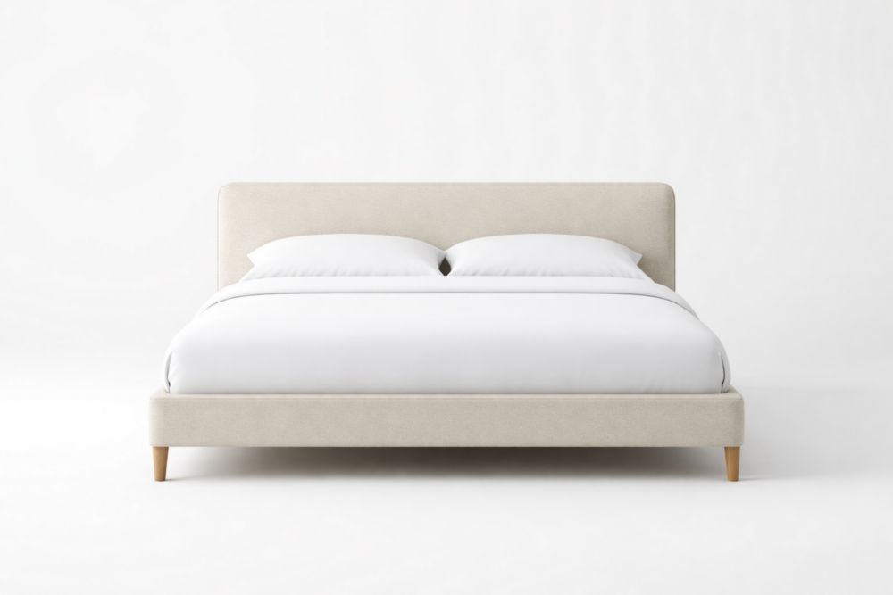 Letto matrimoniale beige in legno massello e poliestere