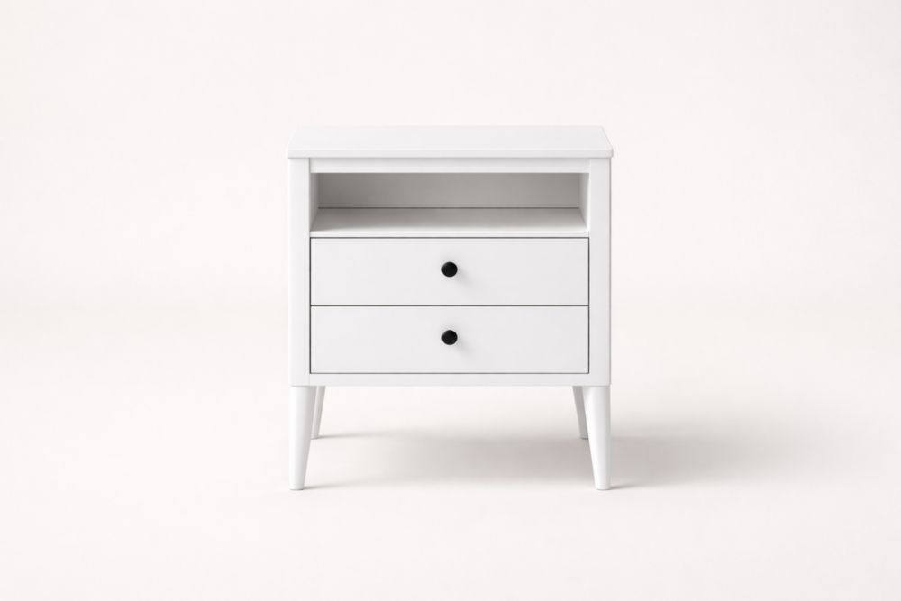 Comodino in Legno MDF Bianco con Due Cassetti