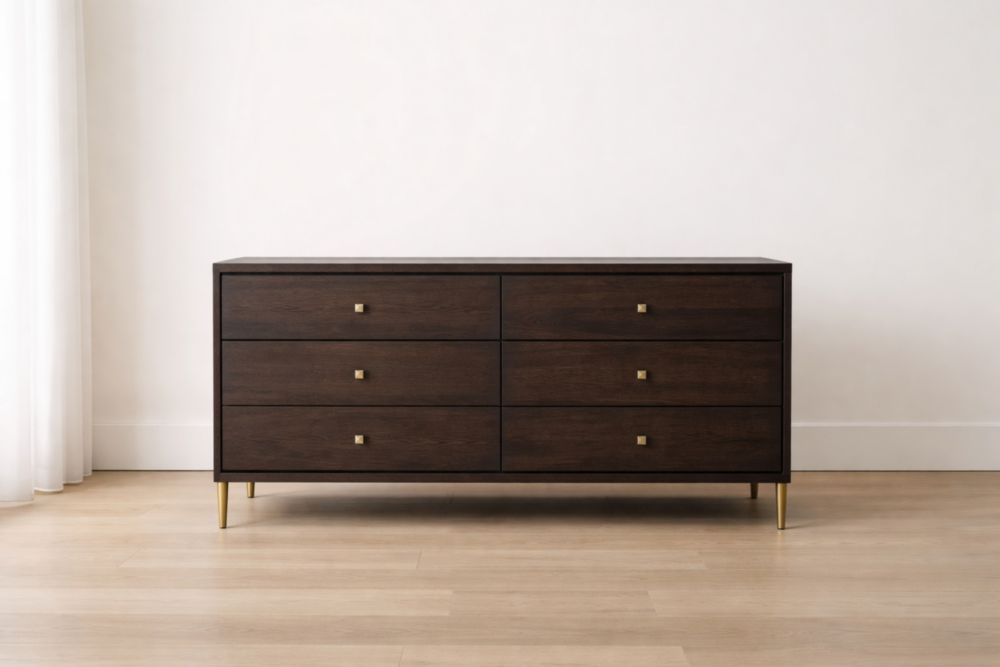 Cassettiera in legno massello e acciaio con 6 cassetti, colore marrone scuro