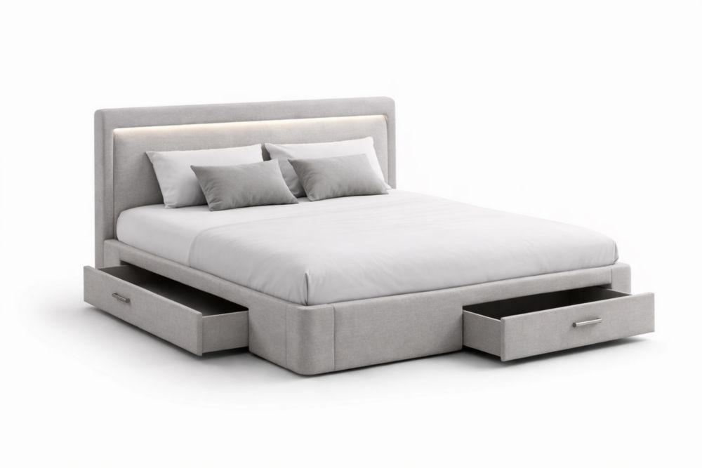 Letto matrimoniale con contenitore e cassetti in tessuto grigio 200x160 cm(Lu x L)
