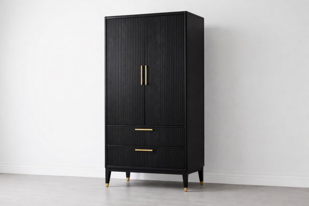 Armadio guardaroba in legno massello nero con maniglie dorate