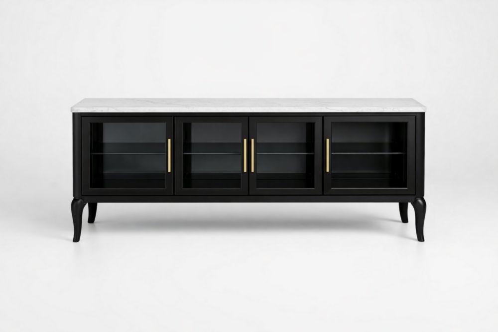 Credenza in MDF nero con piano effetto marmo bianco e ante in vetro temperato