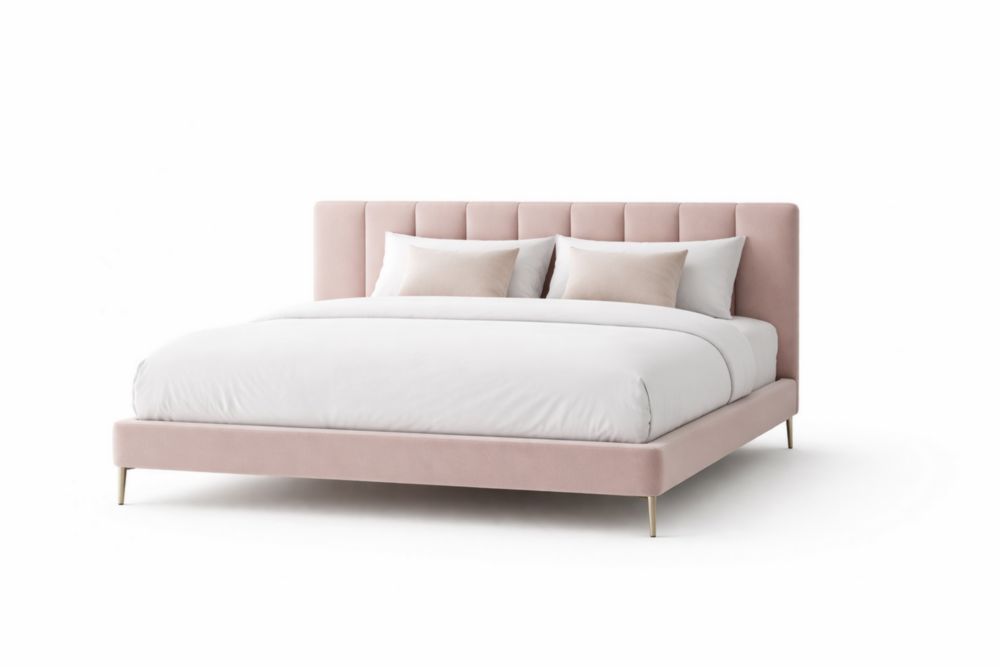 Letto matrimoniale in velluto rosa con gambe in acciaio