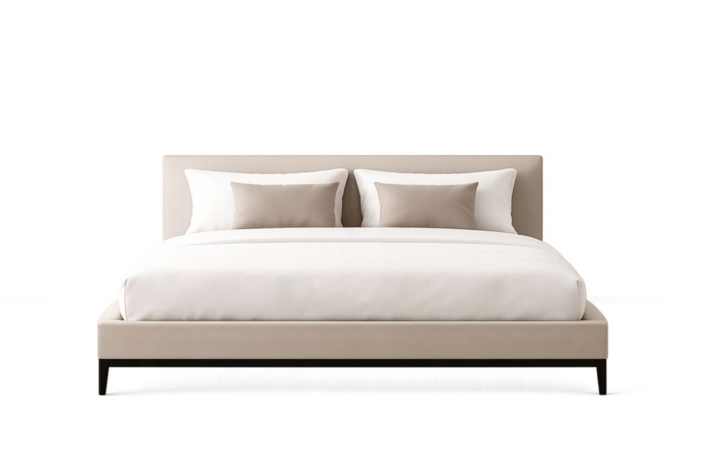 Letto matrimoniale in tessuto poliestere beige con struttura in legno massello