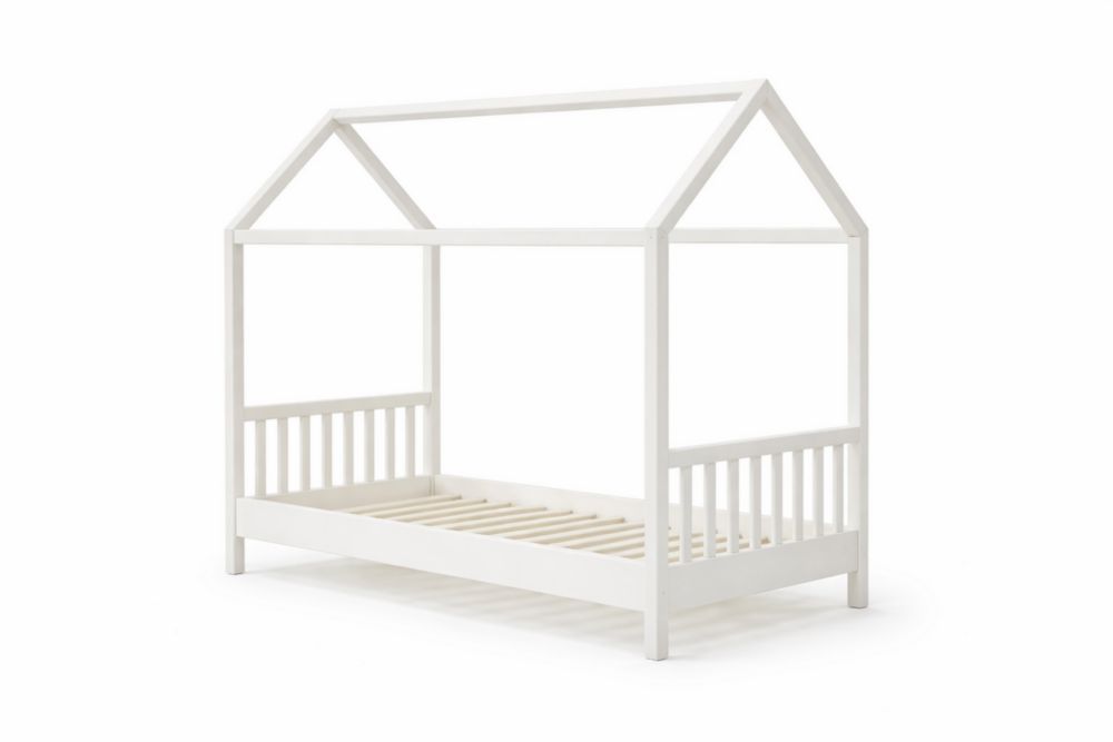 Struttura letto per bambini in legno massello bianco a forma di casetta