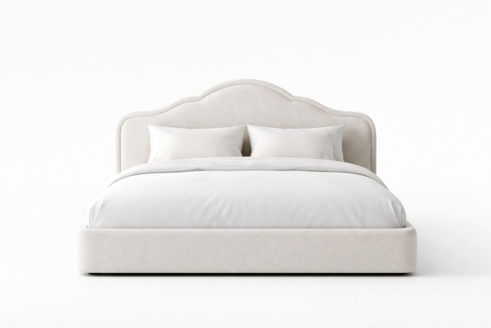 Letto matrimoniale imbottito in tessuto poliestere bianco con testiera decorativa