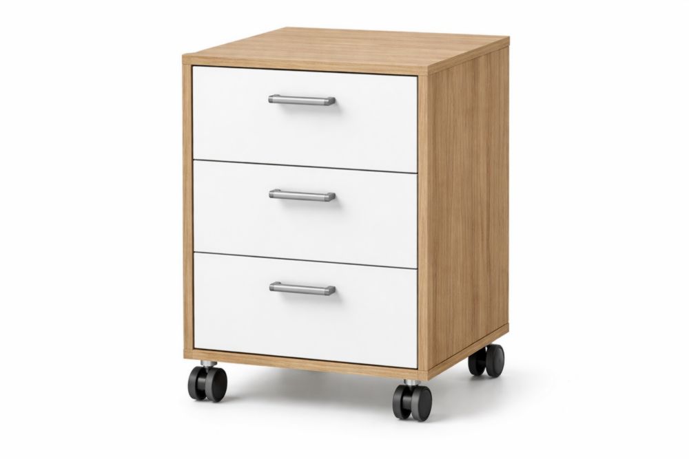 Cassettiera per ufficio in MDF e Laminato Bianco e Rovere con Ruote